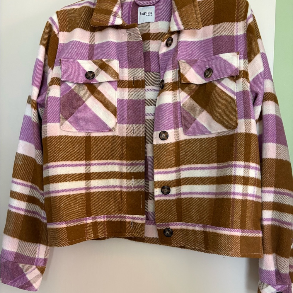 Kensie Plaid Shirt Jacket in Lilac, Brown and Cream